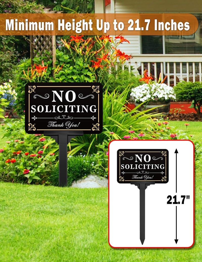 multiwins No Soliciting Sign for House with Stake - Adjustable Height - 12 x 8 Inch/37 Inch High - 50-mil Thick Aluminum -Metal No Soliciting Yard Sign for Home/Front Door and Business (Rectangle-Gold-02) - Image 3